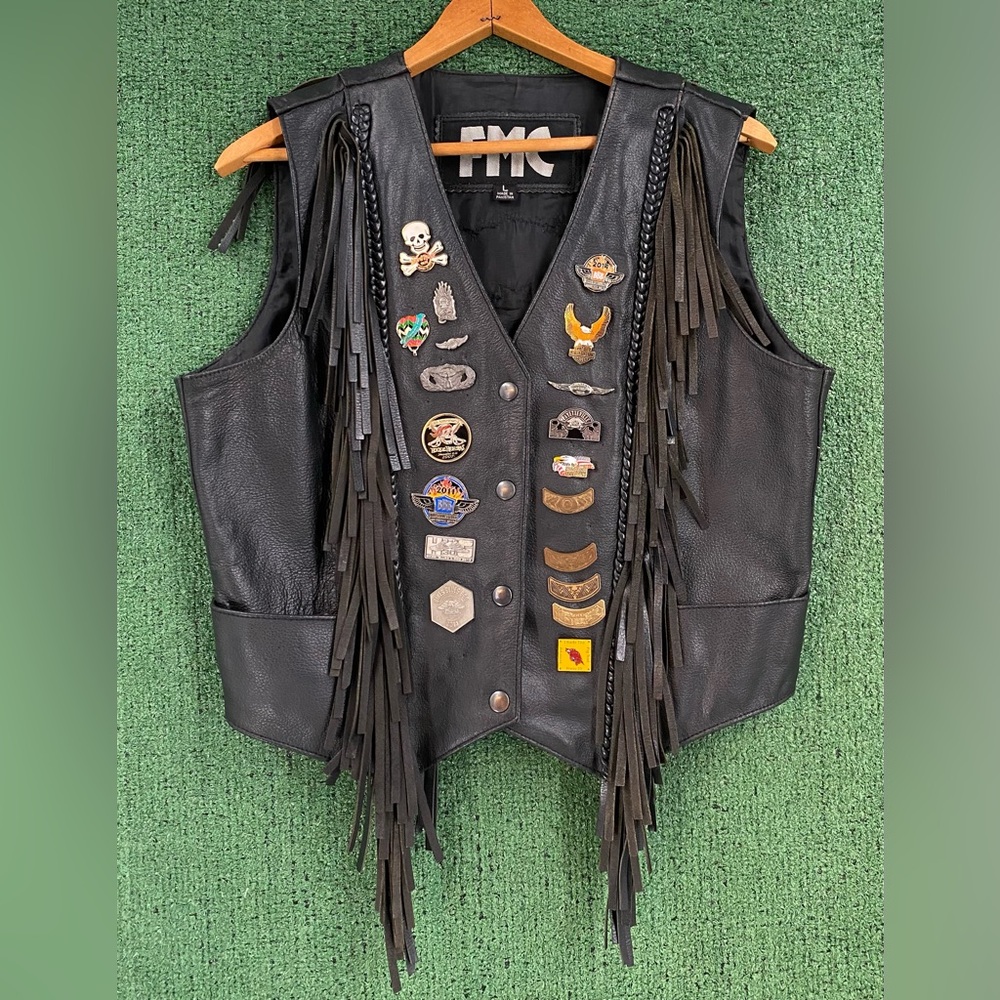 VTG FMC Fringe Braiding Harley Davidson Patch Leather Vest W/ Pins Womens Medium